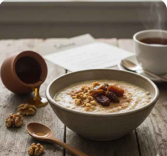 "A steaming bowl of creamy Talbina barley porridge topped with sliced dates, crushed walnuts, and a sprinkle of cinnamon, set on a rustic wooden table with a side of honey and a warm cup of tea."