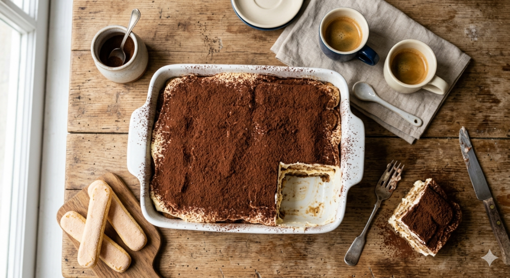 authentic tiramisu recipe with mascarpone and espresso, overhead view