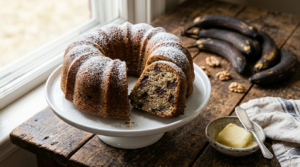 Chrissy Teigen banana bread recipe — golden bundt loaf with dark chocolate and coconut