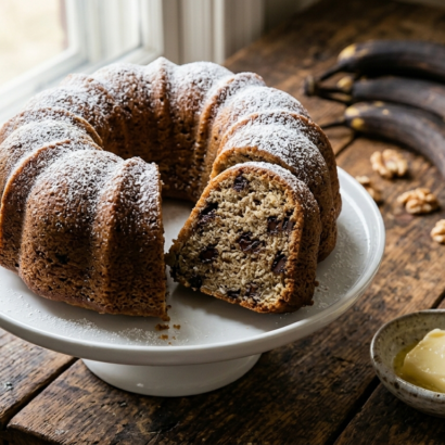 Chrissy Teigen banana bread recipe — golden bundt loaf with dark chocolate and coconut
