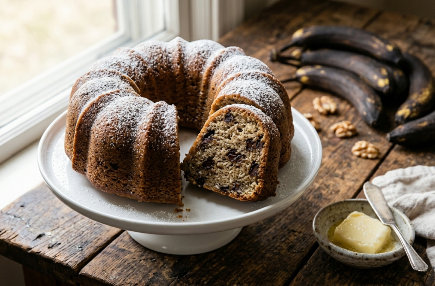 Chrissy Teigen banana bread recipe — golden bundt loaf with dark chocolate and coconut