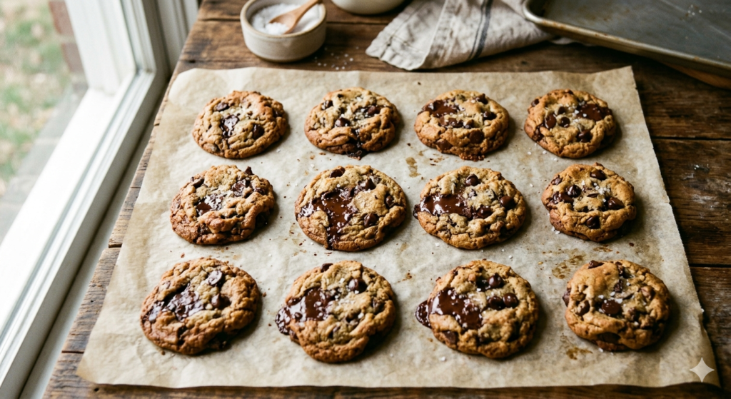 Claire Saffitz chocolate chip cookies on parchment paper with golden edges and melted chocolate chunks