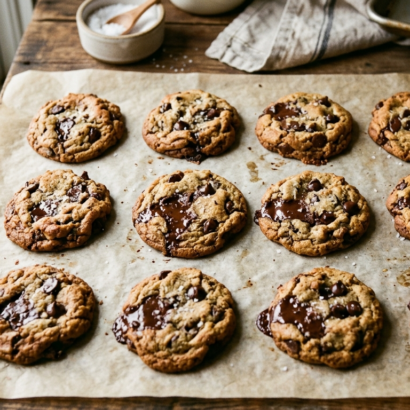 Saffitz chocolate chip cookie broken in half showing gooey chocolate interior and flaky sea salt