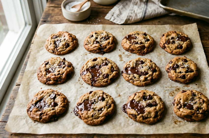 Saffitz chocolate chip cookie broken in half showing gooey chocolate interior and flaky sea salt