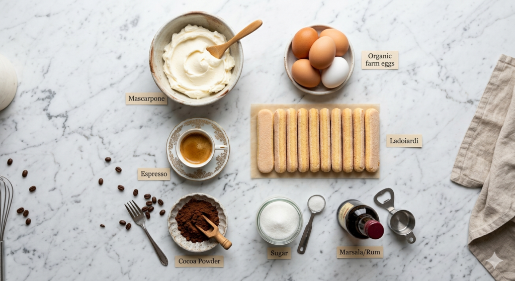 easy tiramisu recipe ingredients flat lay on white marble