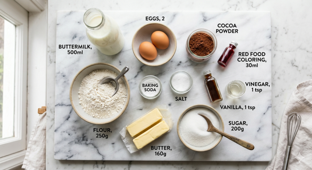Ingredients for the Best Moist Red Velvet Cake From Scratch