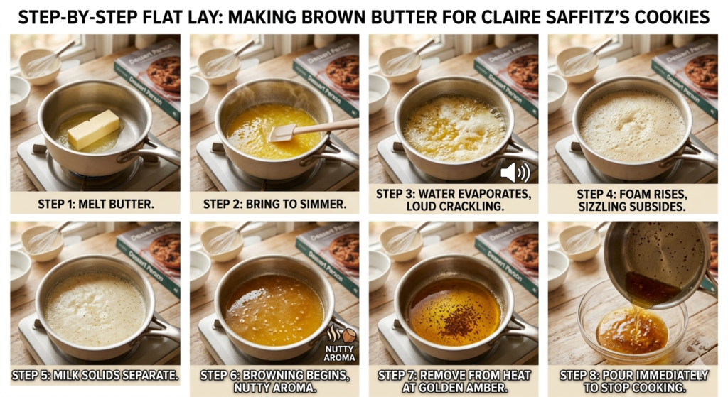 Brown butter being made for Claire Saffitz brown butter chocolate chip cookies
