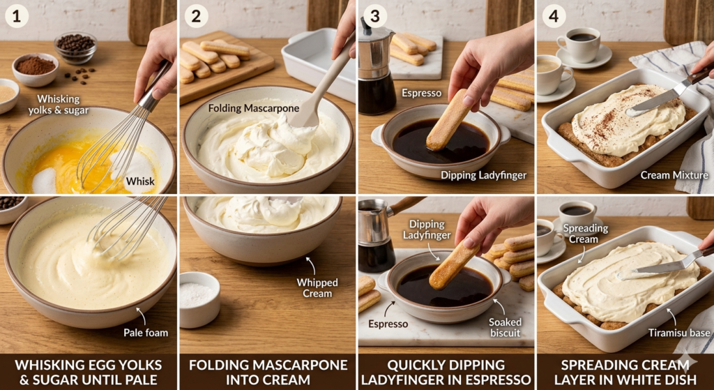 classic tiramisu recipe step by step process — whisking, folding, dipping, layering