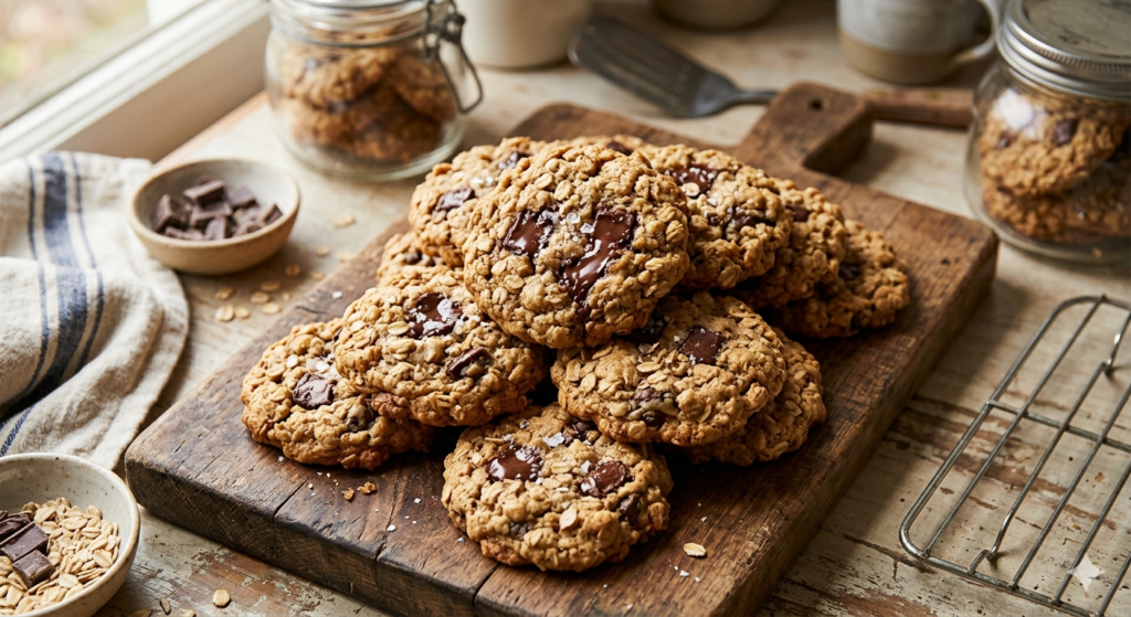 Claire Saffitz oatmeal chocolate chip cookies stacked on wooden board with visible oat texture