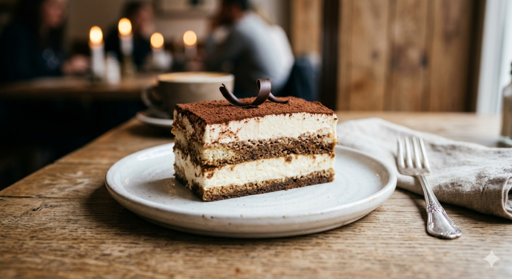 best tiramisu recipe single slice showing three perfect layers with cocoa dusting