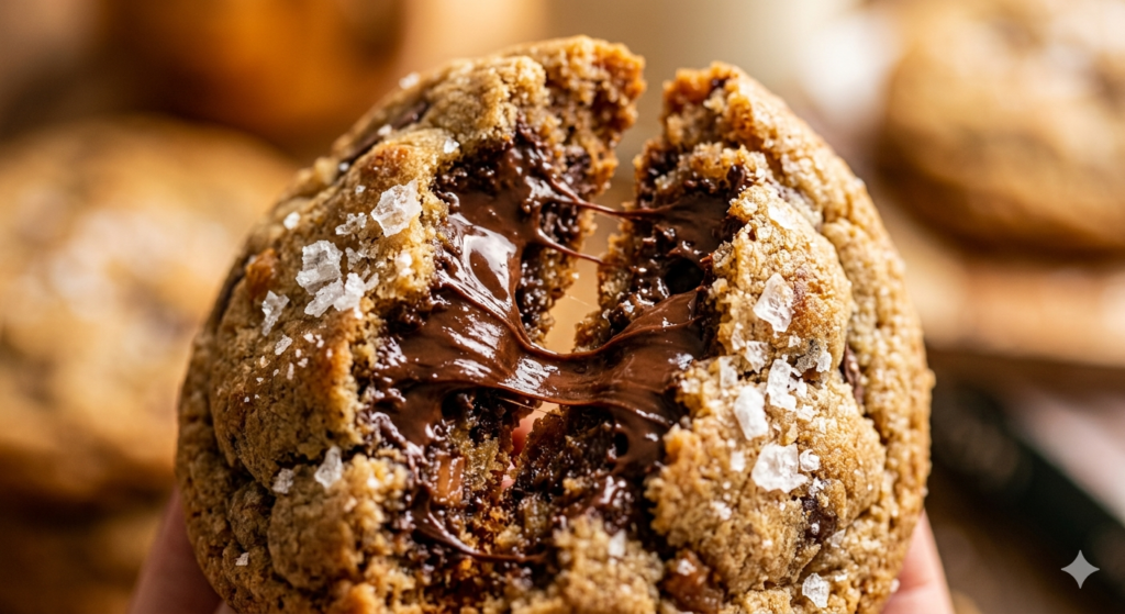 Saffitz chocolate chip cookie broken in half showing gooey chocolate interior and flaky sea salt