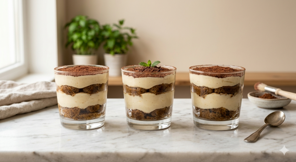 individual tiramisu cups in glasses showing espresso and mascarpone cream layers