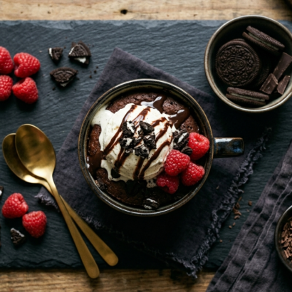 chocolate mug cake recipe toppings with ice cream chocolate drizzle and raspberries