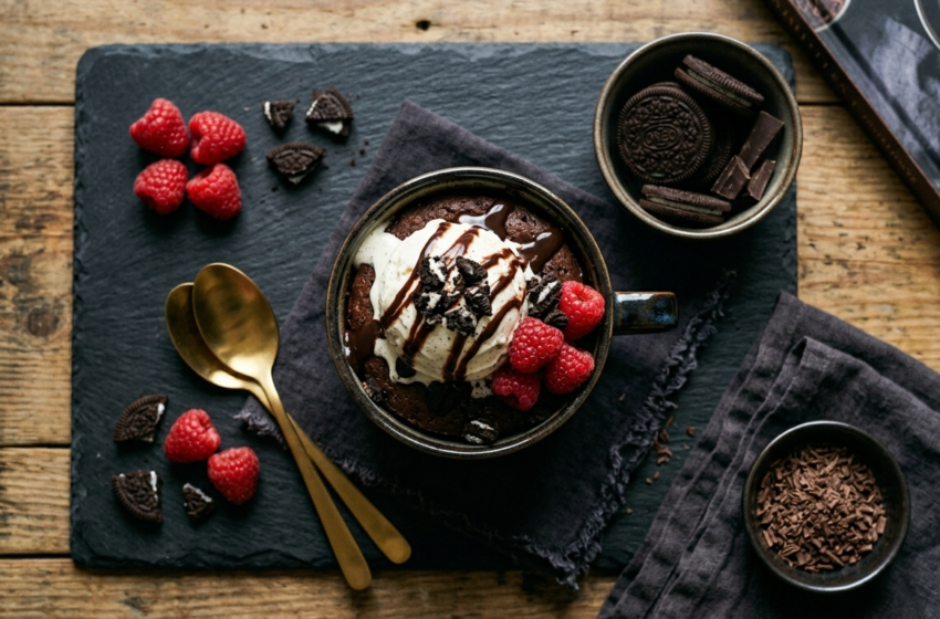 chocolate mug cake recipe toppings with ice cream chocolate drizzle and raspberries