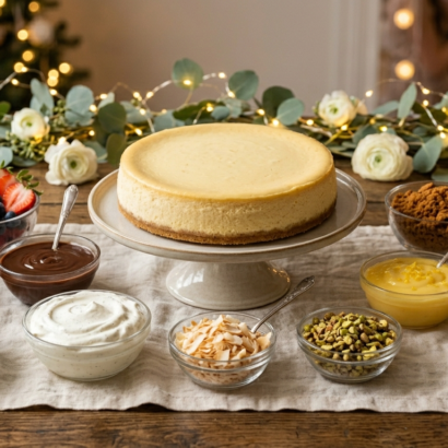 A beautifully styled dessert table setup for a party cheesecake bar with multiple bowls of toppings