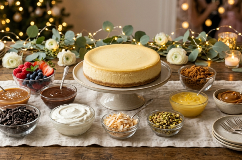 A beautifully styled dessert table setup for a party cheesecake bar with multiple bowls of toppings