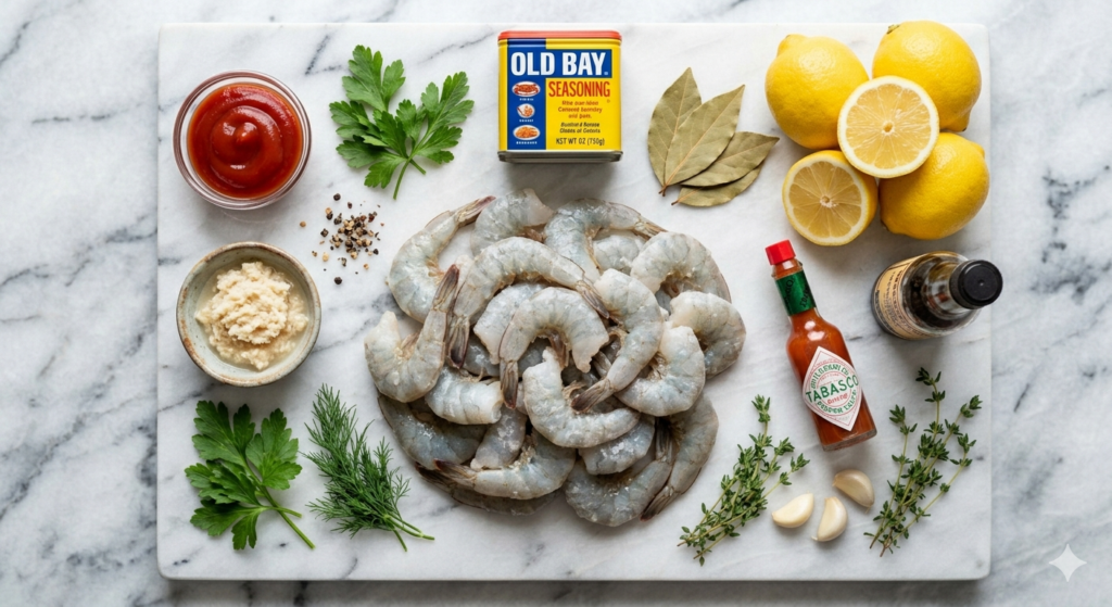 shrimp cocktail ingredients laid out on marble surface