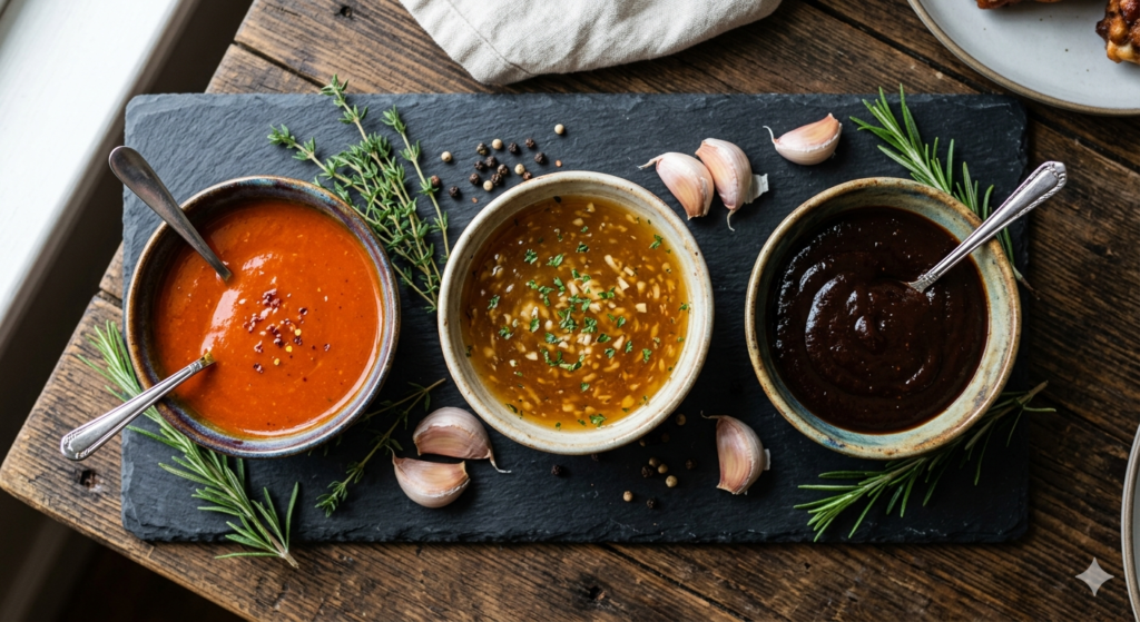 Three chicken wing sauce recipes: buffalo, honey garlic, and BBQ