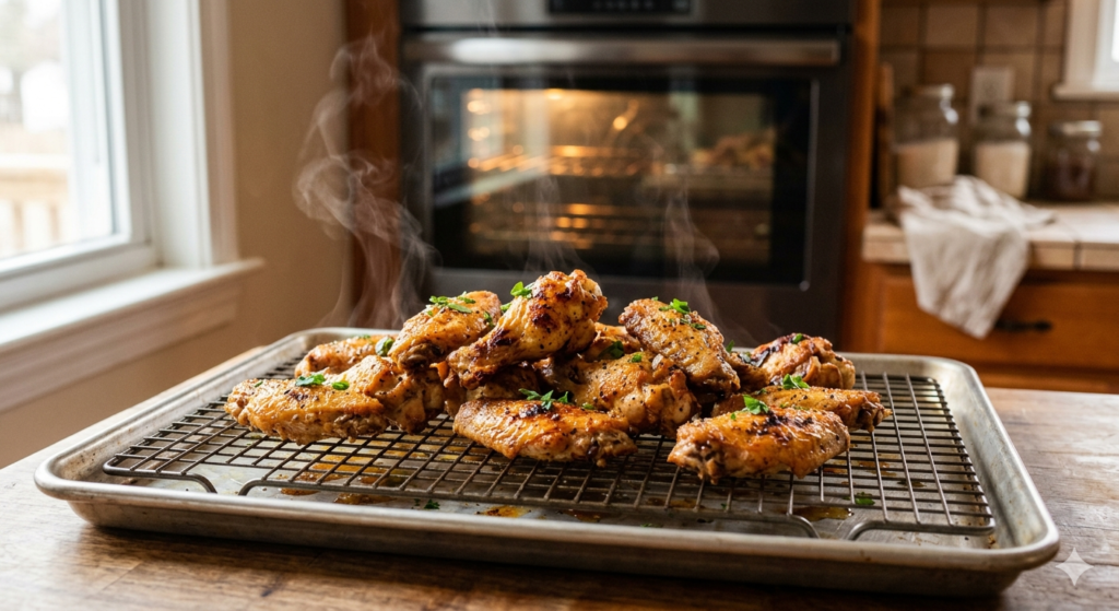Baked chicken wings recipe on wire rack in oven