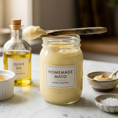 Homemade mayonnaise recipe in a glass jar with a wooden spoon, surrounded by fresh ingredients on white marble
