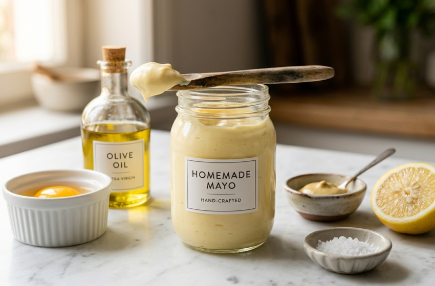Homemade mayonnaise recipe in a glass jar with a wooden spoon, surrounded by fresh ingredients on white marble
