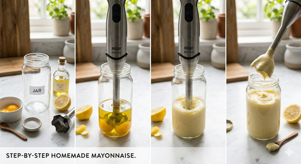 Step-by-step homemade mayonnaise being made in a glass jar with an immersion blender, thick creamy mayo forming