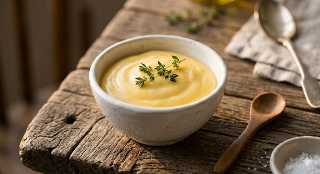 White ceramic bowl of thick golden homemade olive oil mayonnaise recipe with fresh thyme on rustic wooden background