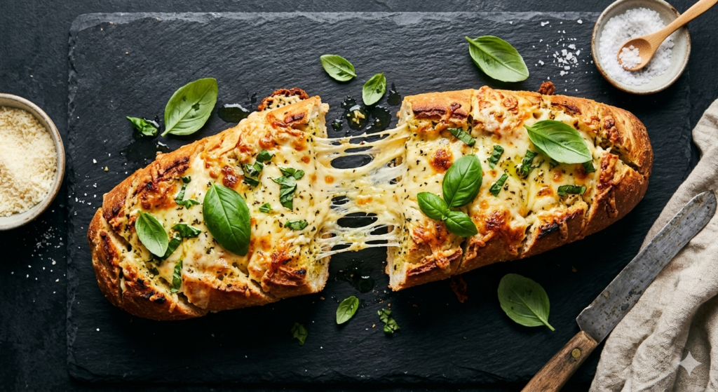 Cheesy garlic bread recipe with mozzarella pull fresh from oven, best cheesy garlic bread, restaurant quality