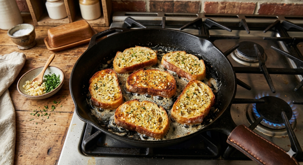 Garlic bread recipe without oven cooked in cast iron skillet stovetop, easy no-oven garlic bread, rustic