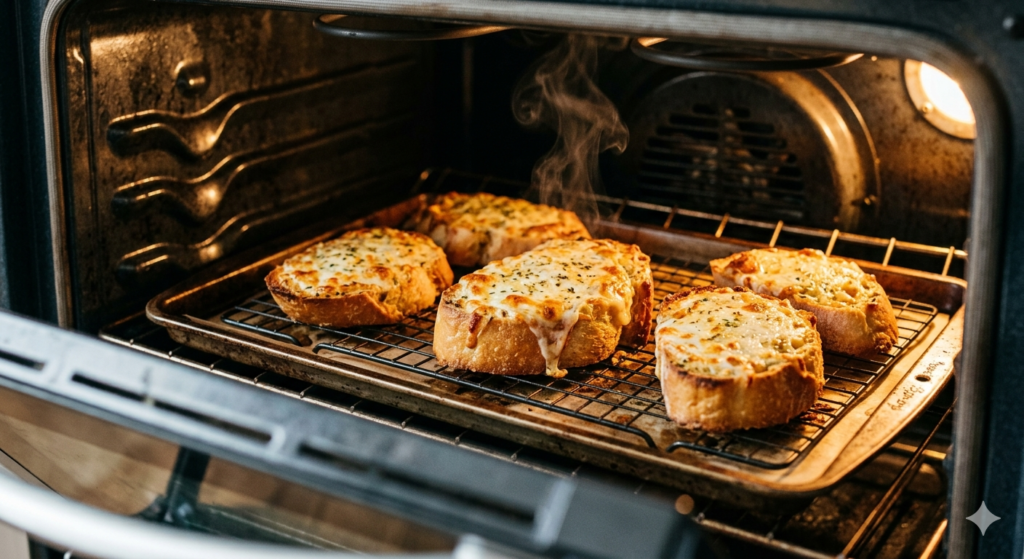 Garlic bread baking in oven golden brown and crispy, easy garlic bread recipe oven method, professional