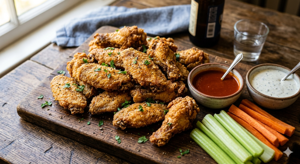 Best chicken wings recipe served with buffalo sauce and dipping sides"