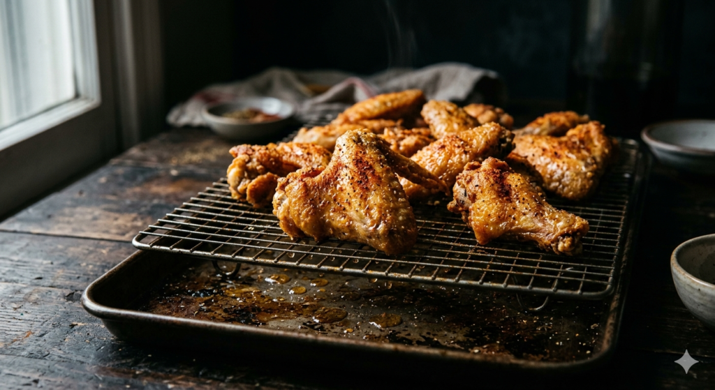 Crispy fried chicken wings recipe draining on wire rack