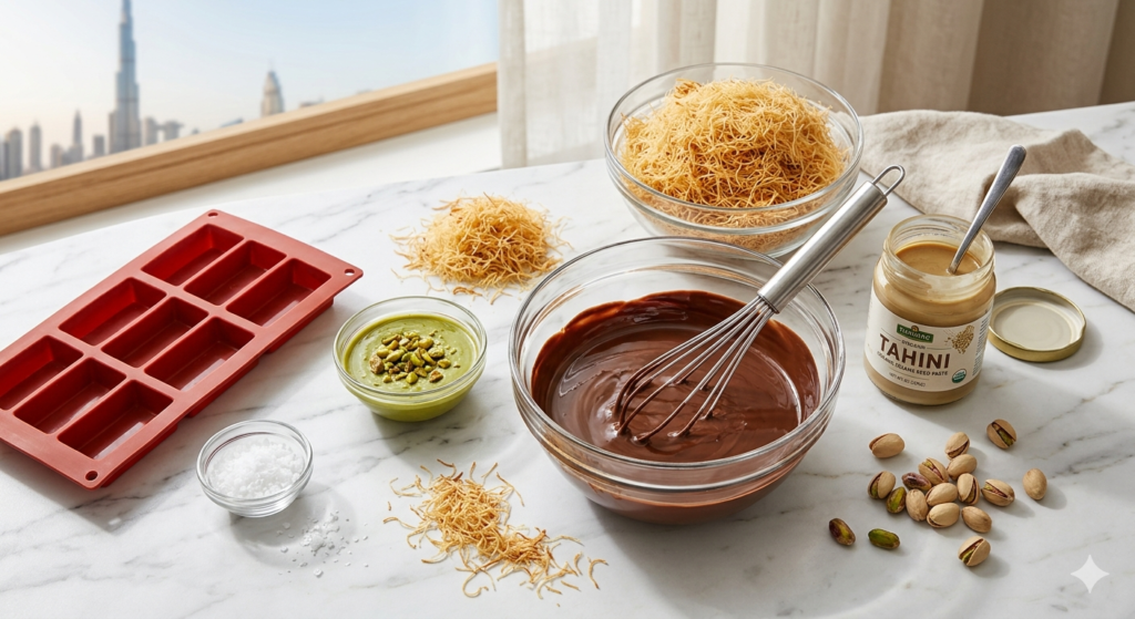dubai chocolate recipe ingredients with exact measurements flat lay