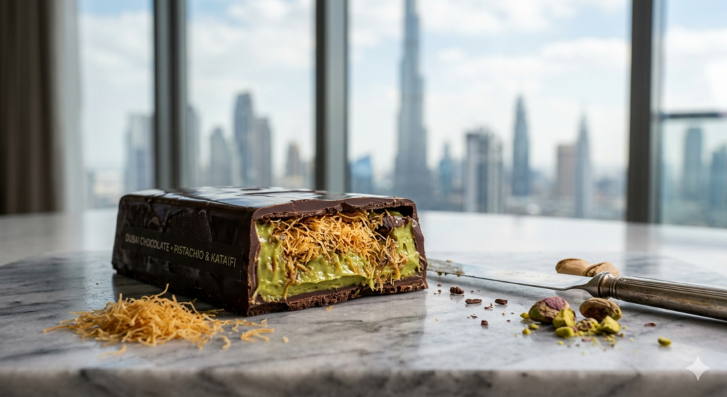 dubai chocolate recipe cross section showing pistachio kataifi filling