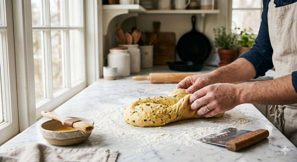 Homemade garlic bread dough being shaped from scratch with yeast, best garlic bread recipe from scratch, artisan