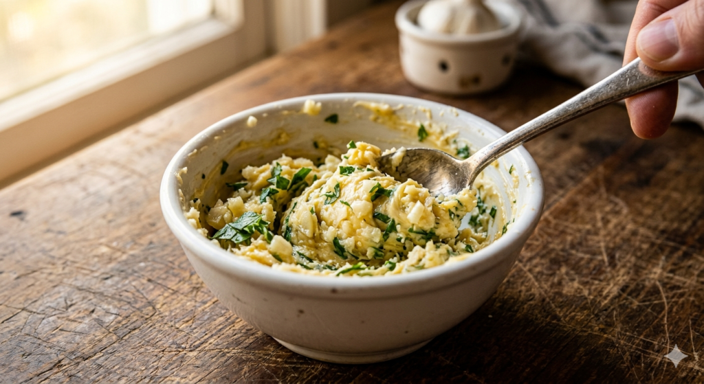 Garlic butter spread being mixed for homemade garlic bread recipe, best garlic bread spread recipe, close-up