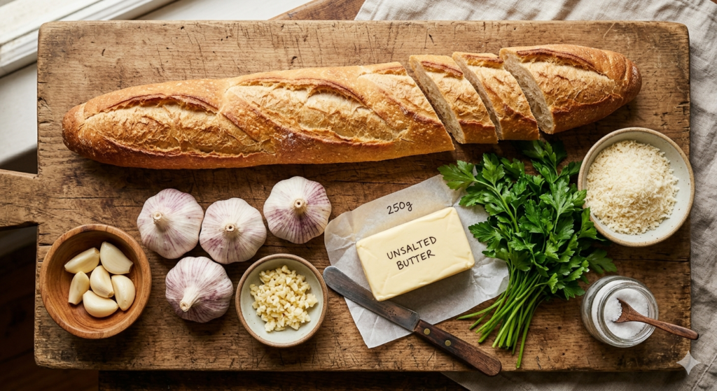 Fresh ingredients for the best garlic bread recipe including baguette, butter, garlic and parsley, homemade garlic bread recipe, rustic