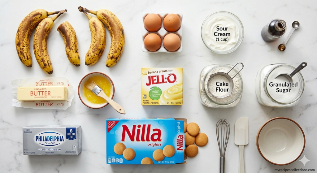 flat lay of banana pudding pound cake ingredients
