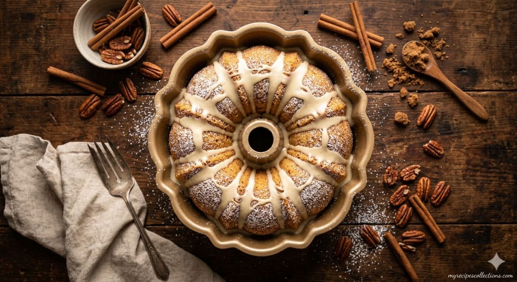 A freshly baked Sock It To Me Cake in a golden Bundt pan drizzled with vanilla glaze, surrounded by cinnamon sticks and pecan halves on a rustic dark wood table — sock it to me cake recipe from myrecipescollections.com