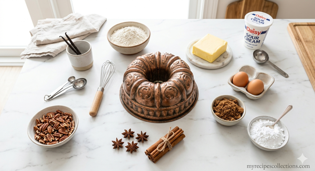 All ingredients for sock it to me cake recipe laid out on a white marble countertop including flour, butter, eggs, sour cream, cinnamon, pecans, and a vintage Bundt pan — myrecipescollections.com