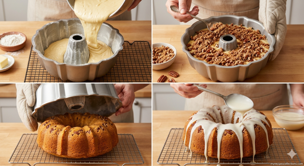 Four-panel step-by-step collage showing how to make sock it to me cake recipe — pouring batter, adding streusel, inverting the baked cake, and drizzling vanilla glaze — myrecipescollections.com