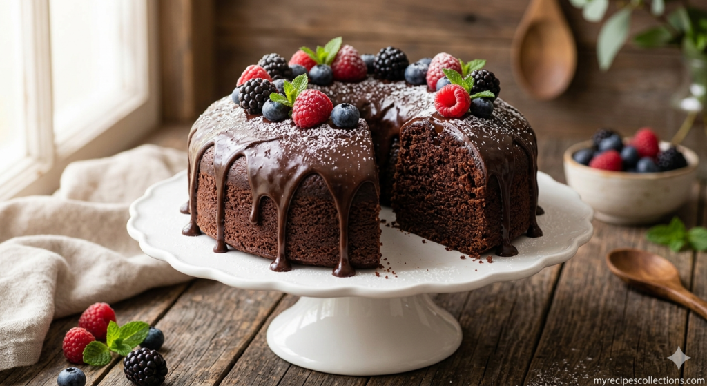A beautifully plated whole chocolate pound cake