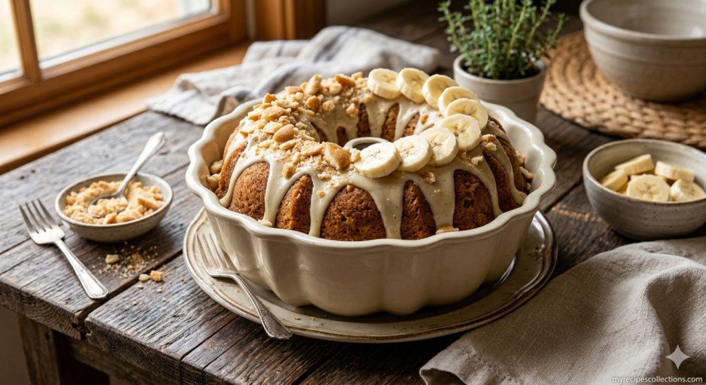 A golden-brown banana pudding pound cake in a bundt pan