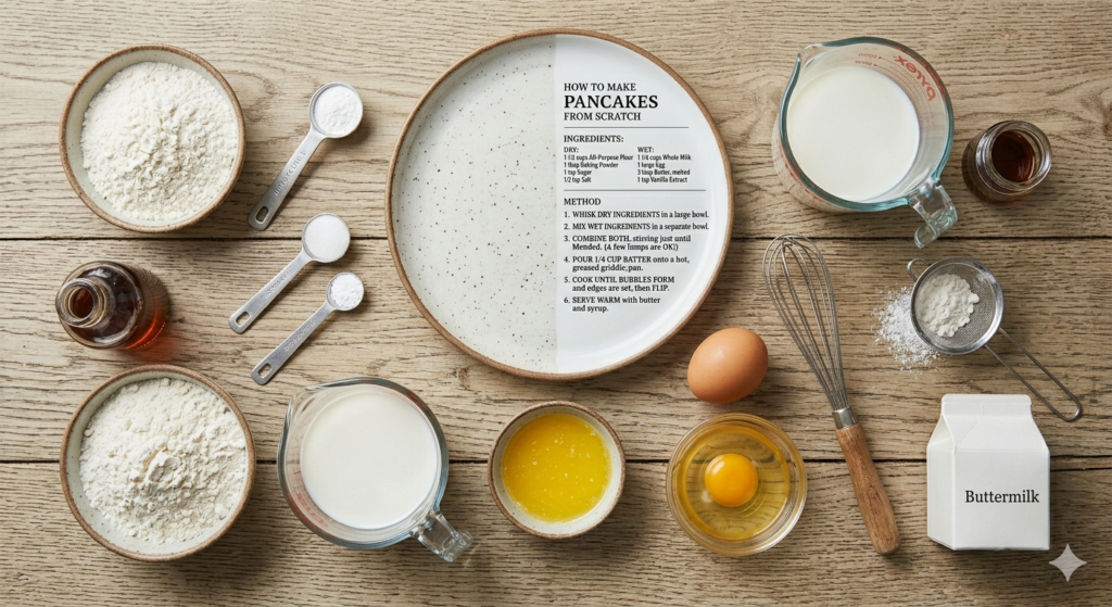 Flat lay of homemade pancake ingredients — flour, eggs, buttermilk, baking powder for making pancakes from scratch