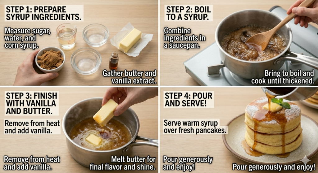 Homemade maple-style syrup being poured over a stack of fluffy pancakes — how to make syrup for pancakes at home