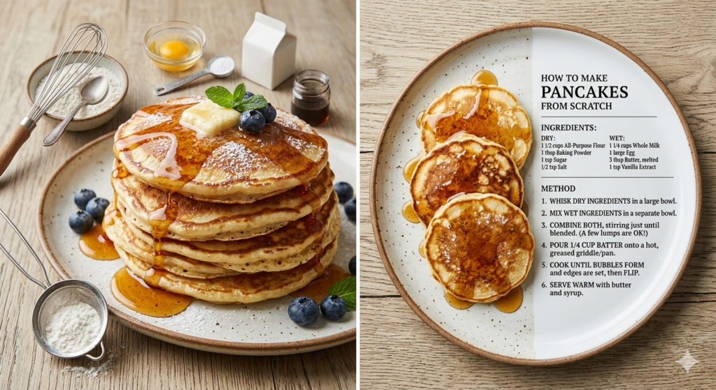 Overhead shot of a golden stack of homemade pancakes drizzled with maple syrup — how to make pancakes from scratc