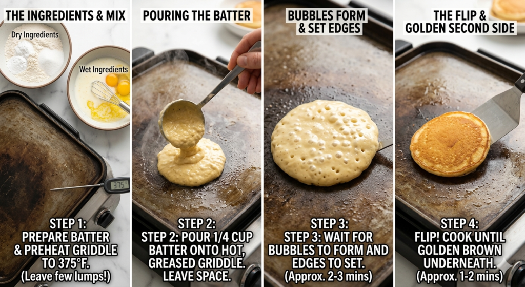 Pancake batter being poured onto a hot griddle showing how to make pancakes from scratch step by step"