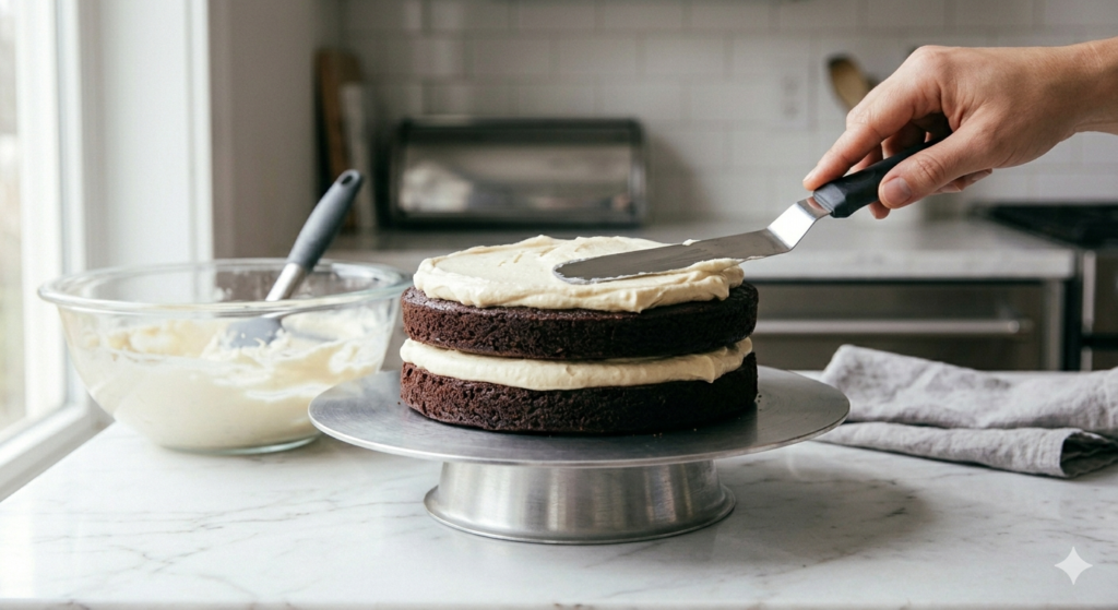Assembling tuxedo cake layers with chocolate mousse filling