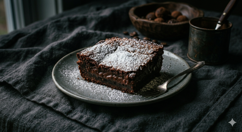 Slice of chocolate Neiman Marcus cake with powdered sugar, dark moody styling, fork beside it
