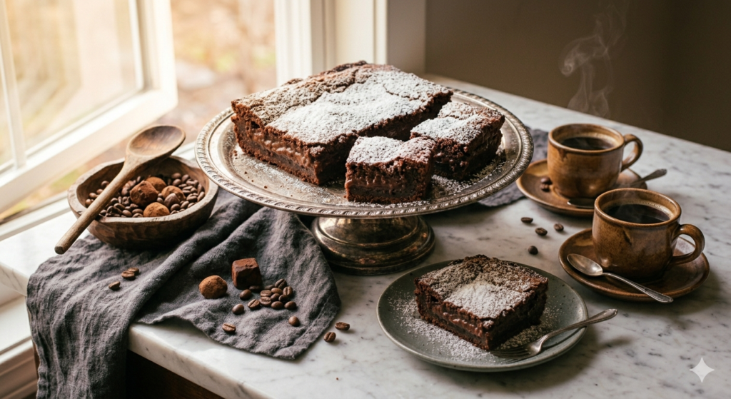Sliced Neiman Marcus cake on a vintage cake stand, cups of coffee nearby, warm natural lighting